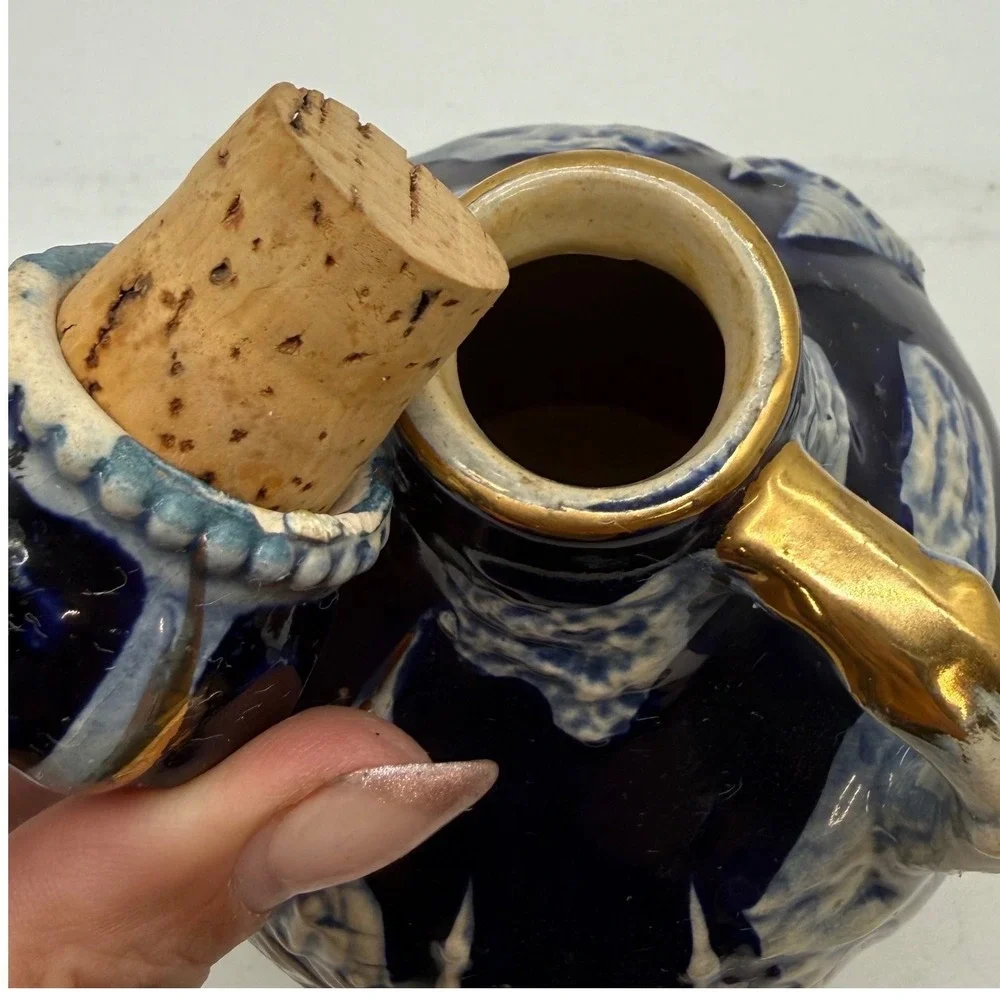 Vintage Japan Cobalt Ceramic Musical Decanter Castle Crown Stopper Gold Trim